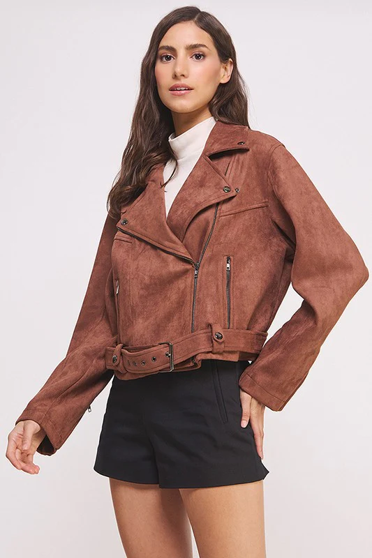 PLUS BELTED LONG SLEEVE ZIPPERED SUEDE MOTO JACKET - Image 14