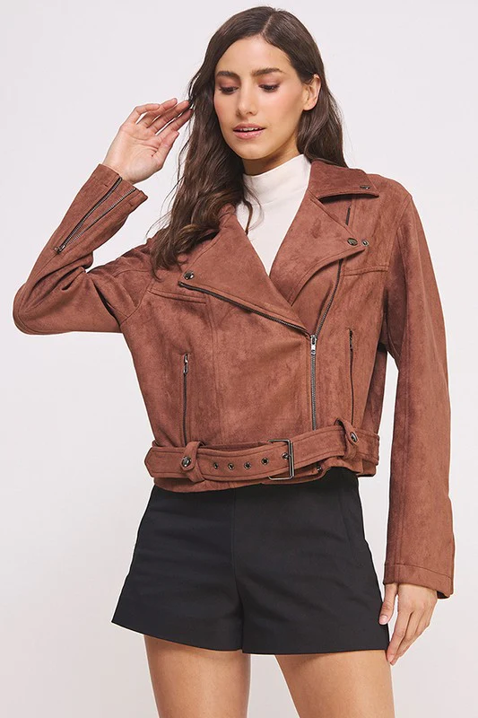 PLUS BELTED LONG SLEEVE ZIPPERED SUEDE MOTO JACKET - Image 15