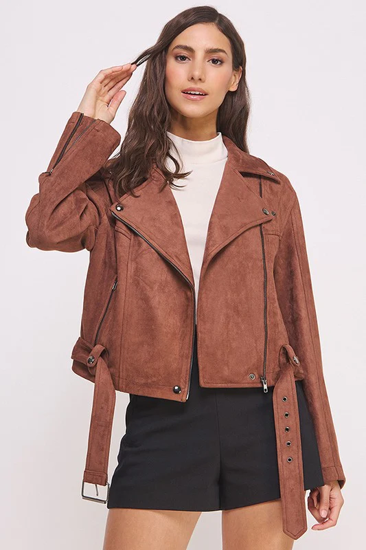 PLUS BELTED LONG SLEEVE ZIPPERED SUEDE MOTO JACKET - Image 17
