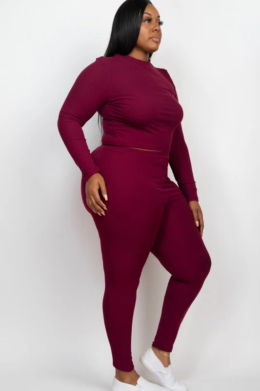Plus Ribbed Mock Neck Long Sleeve Top&Leggings Set - Image 2
