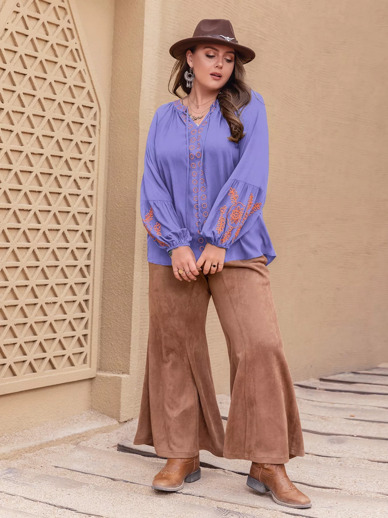 Plus Size Boho Embroidered Long Sleeve Blouse - Image 5