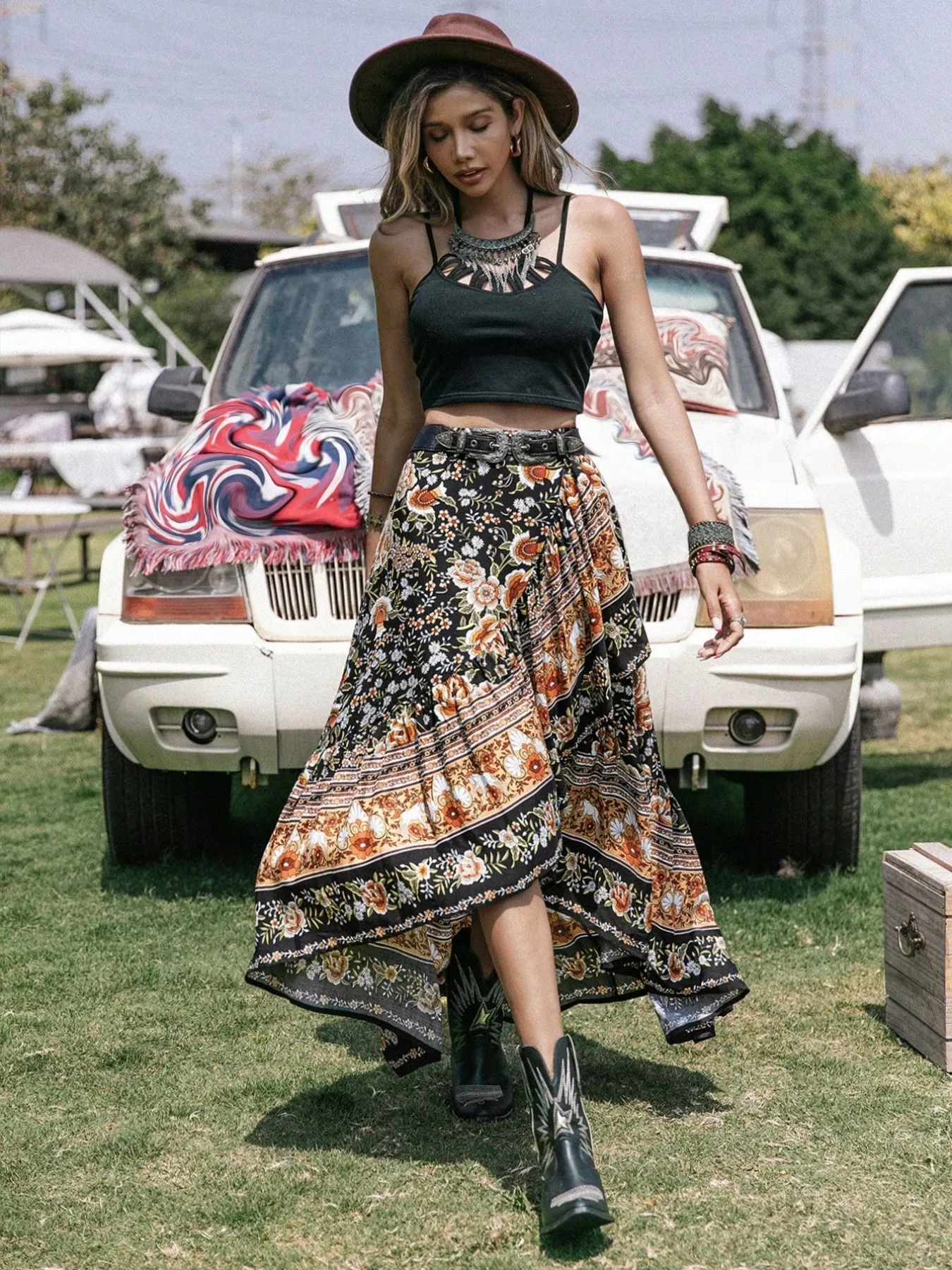 Plus Size Boho Floral Print High-Low Skirt - Image 3