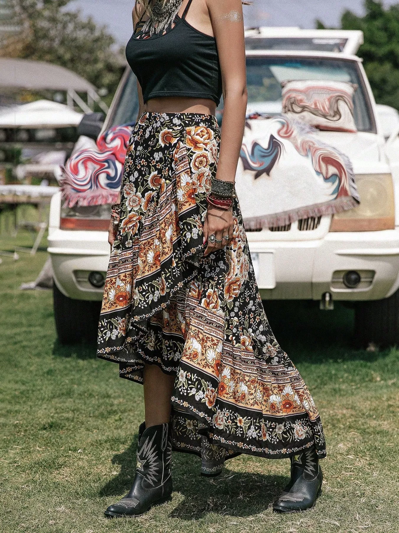 Plus Size Boho Floral Print High-Low Skirt - Image 4