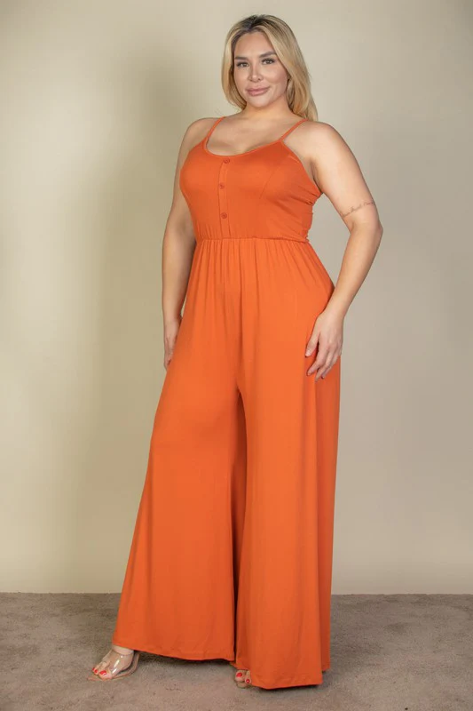 Plus Size Button Front Wide Leg Jumpsuit - Image 3