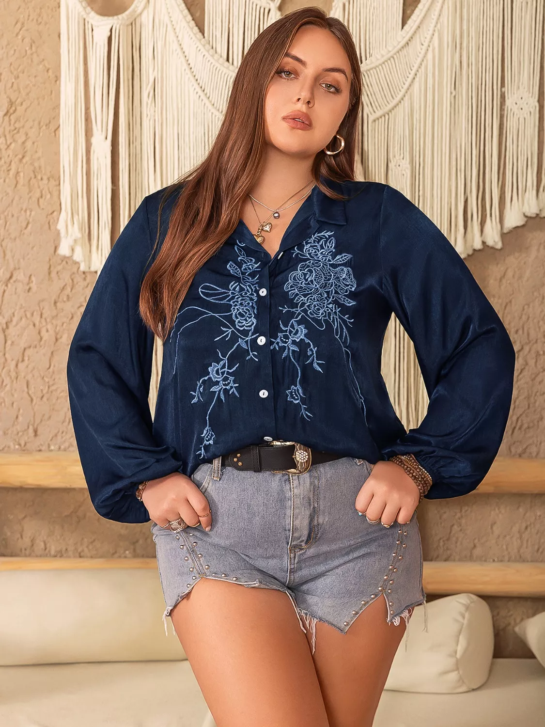 Plus Size Embroidered Long Sleeve Shirt - Image 3