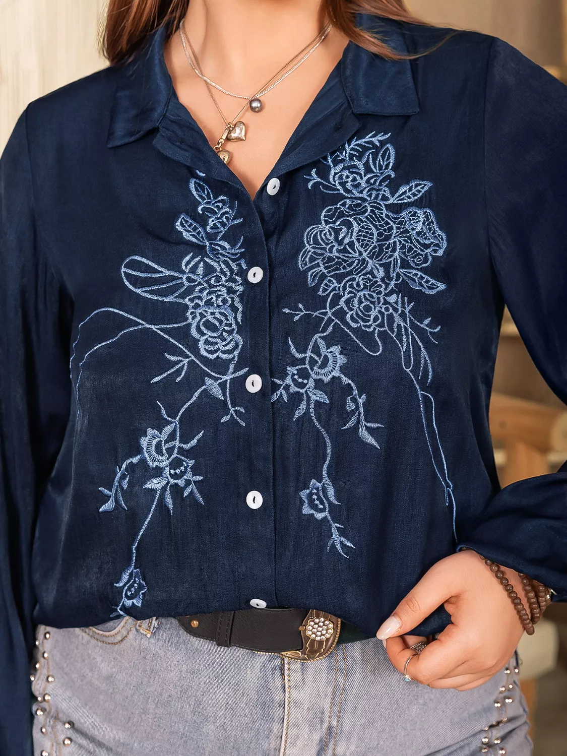 Plus Size Embroidered Long Sleeve Shirt - Image 5
