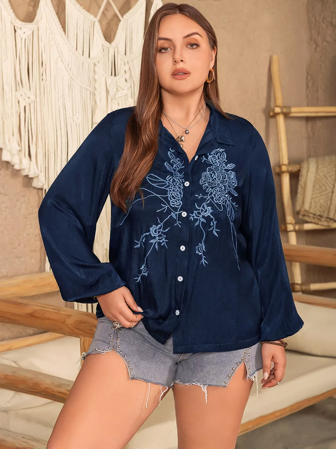 Plus Size Embroidered Long Sleeve Shirt - Image 7