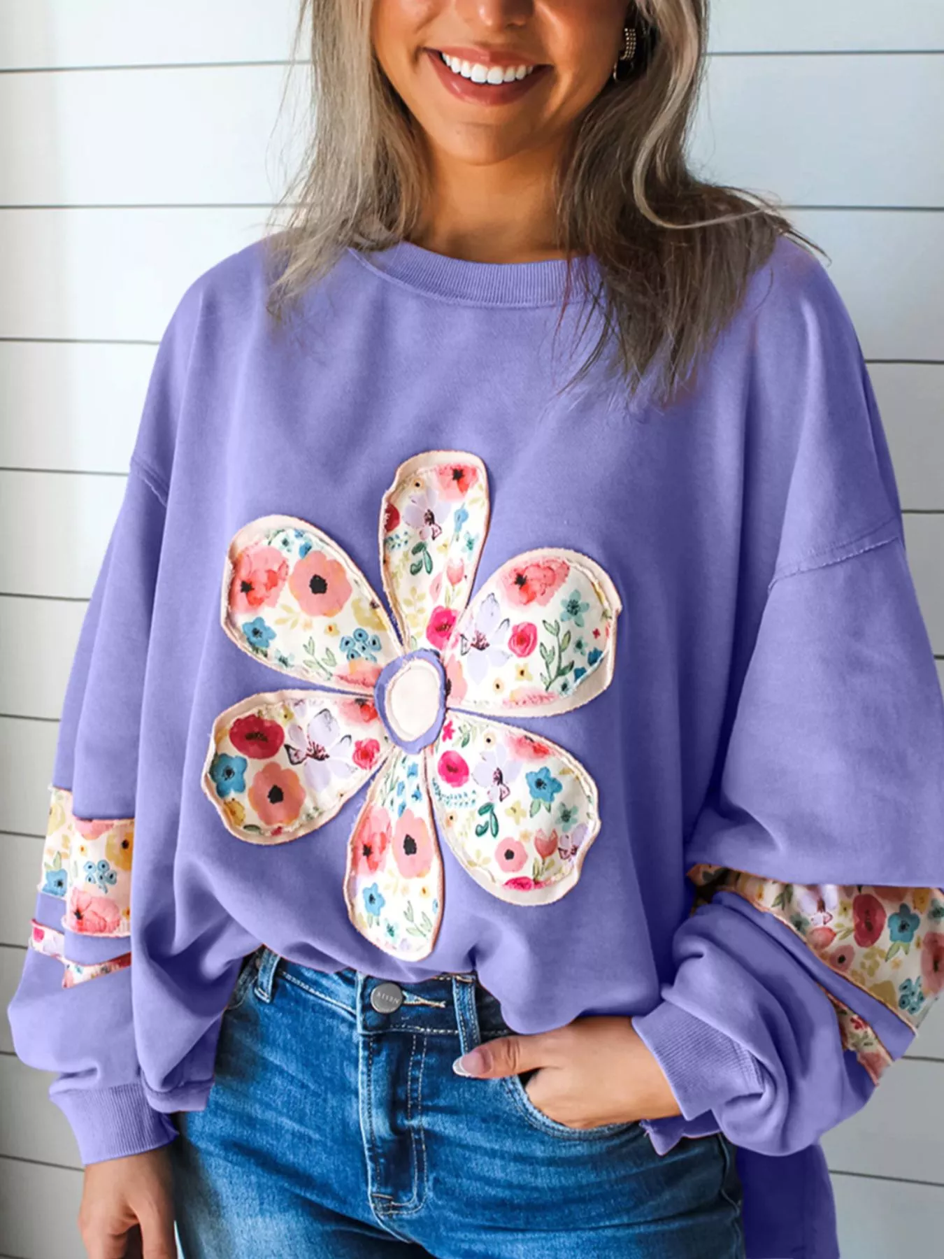 Plus Size Floral Applique Drop Shoulder Sweatshirt - Image 10