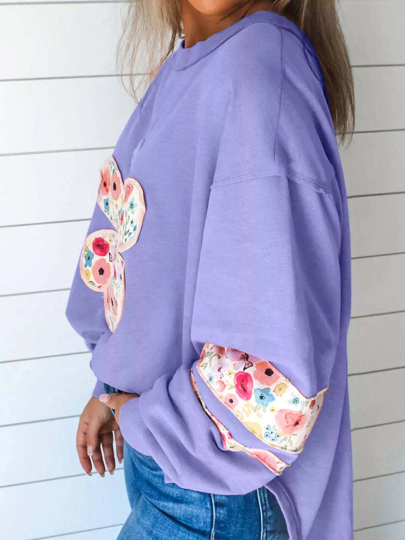 Plus Size Floral Applique Drop Shoulder Sweatshirt - Image 11