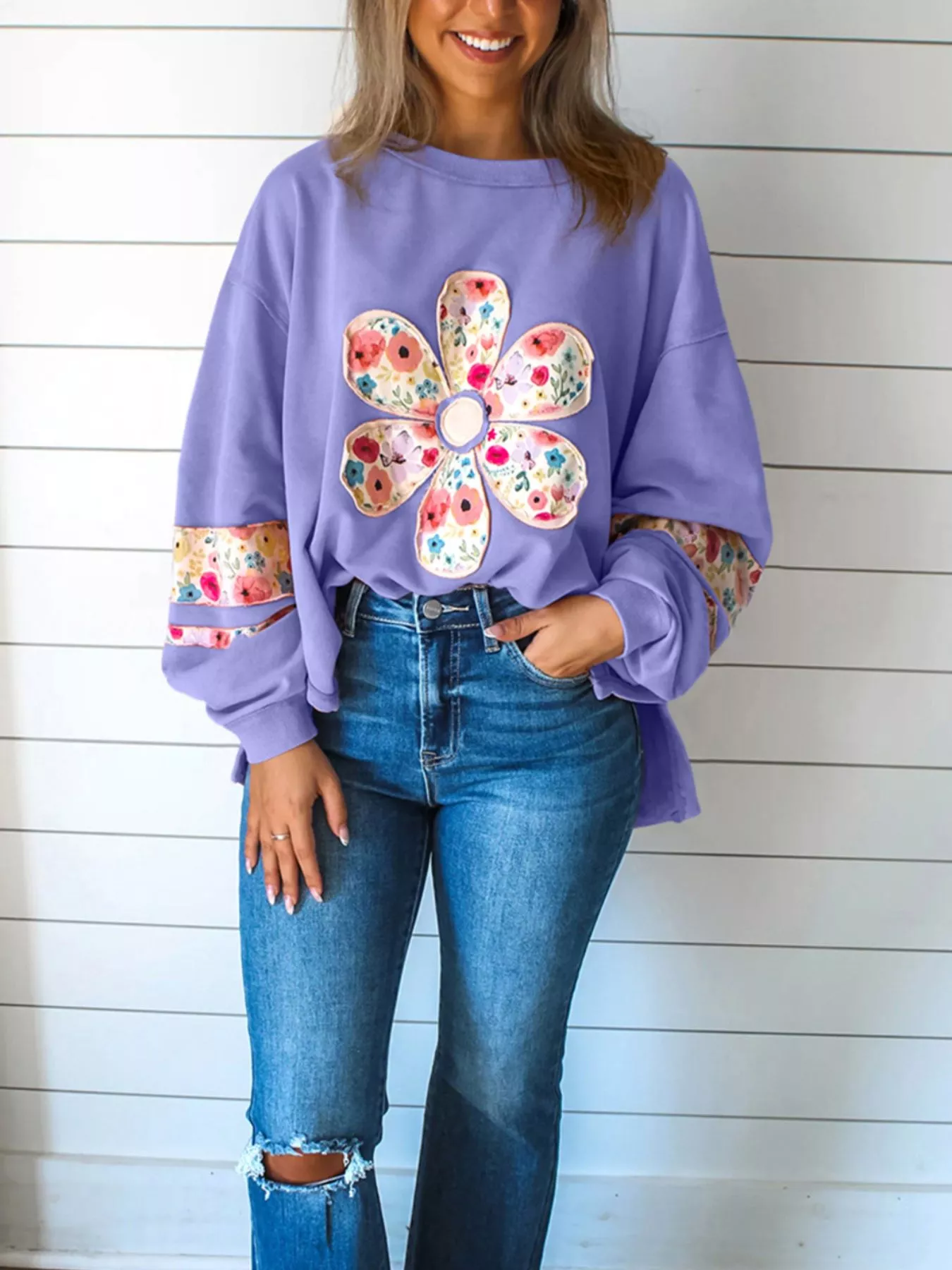 Plus Size Floral Applique Drop Shoulder Sweatshirt - Image 12