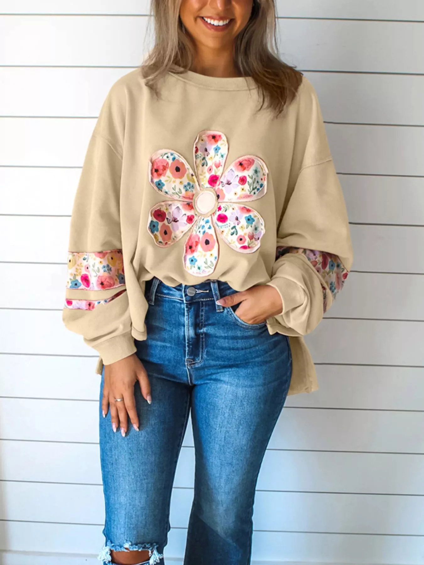 Plus Size Floral Applique Drop Shoulder Sweatshirt - Image 5