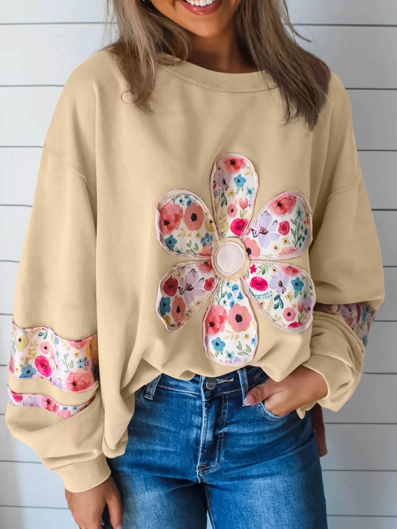Plus Size Floral Applique Drop Shoulder Sweatshirt - Image 6