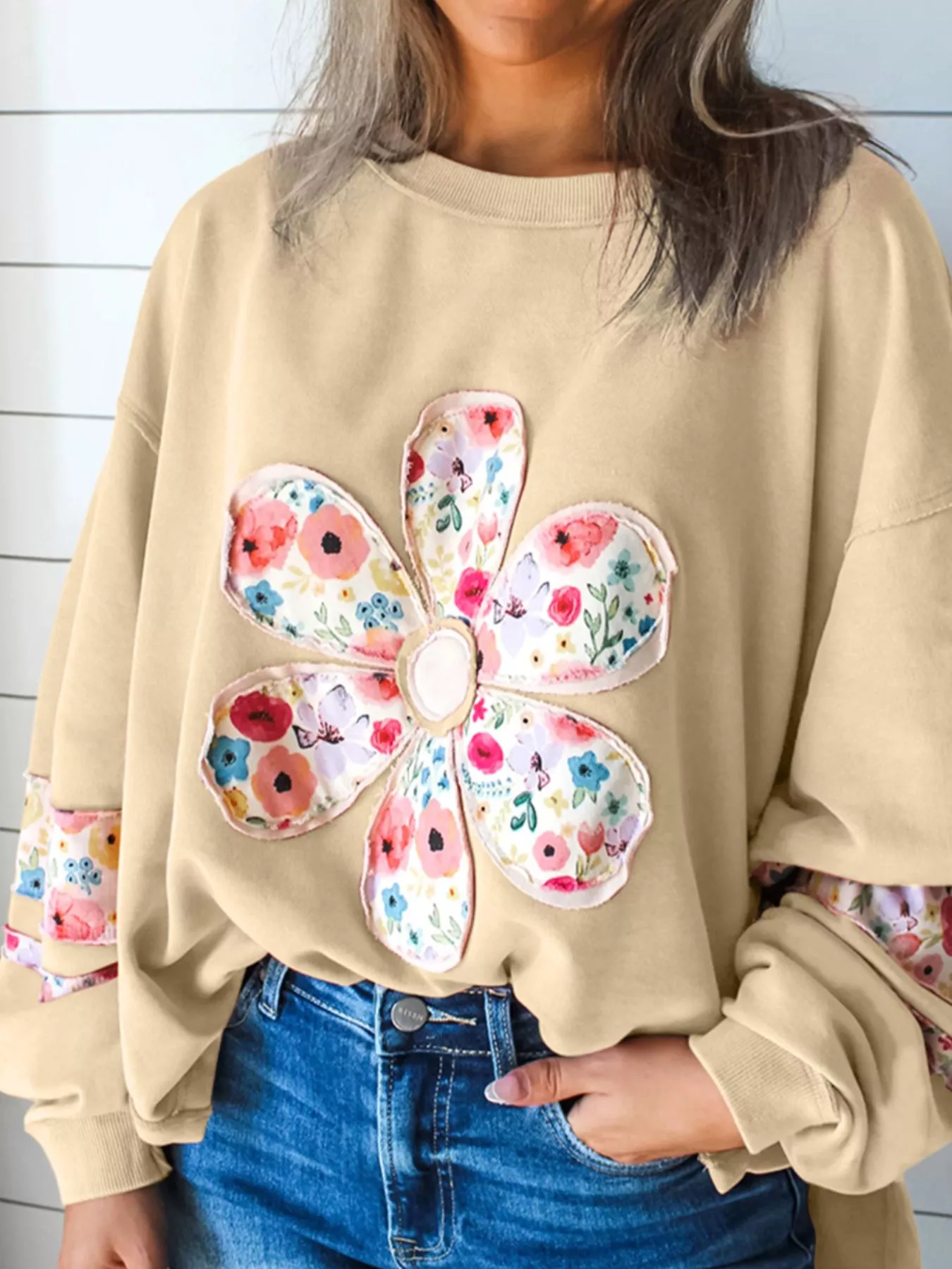 Plus Size Floral Applique Drop Shoulder Sweatshirt - Image 8