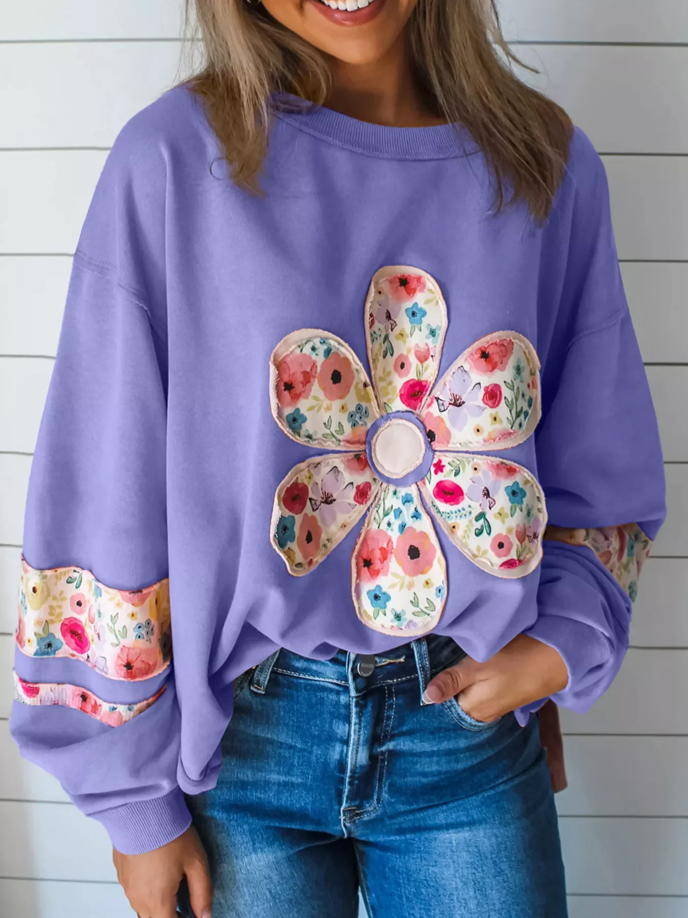 Plus Size Floral Applique Drop Shoulder Sweatshirt - Image 9