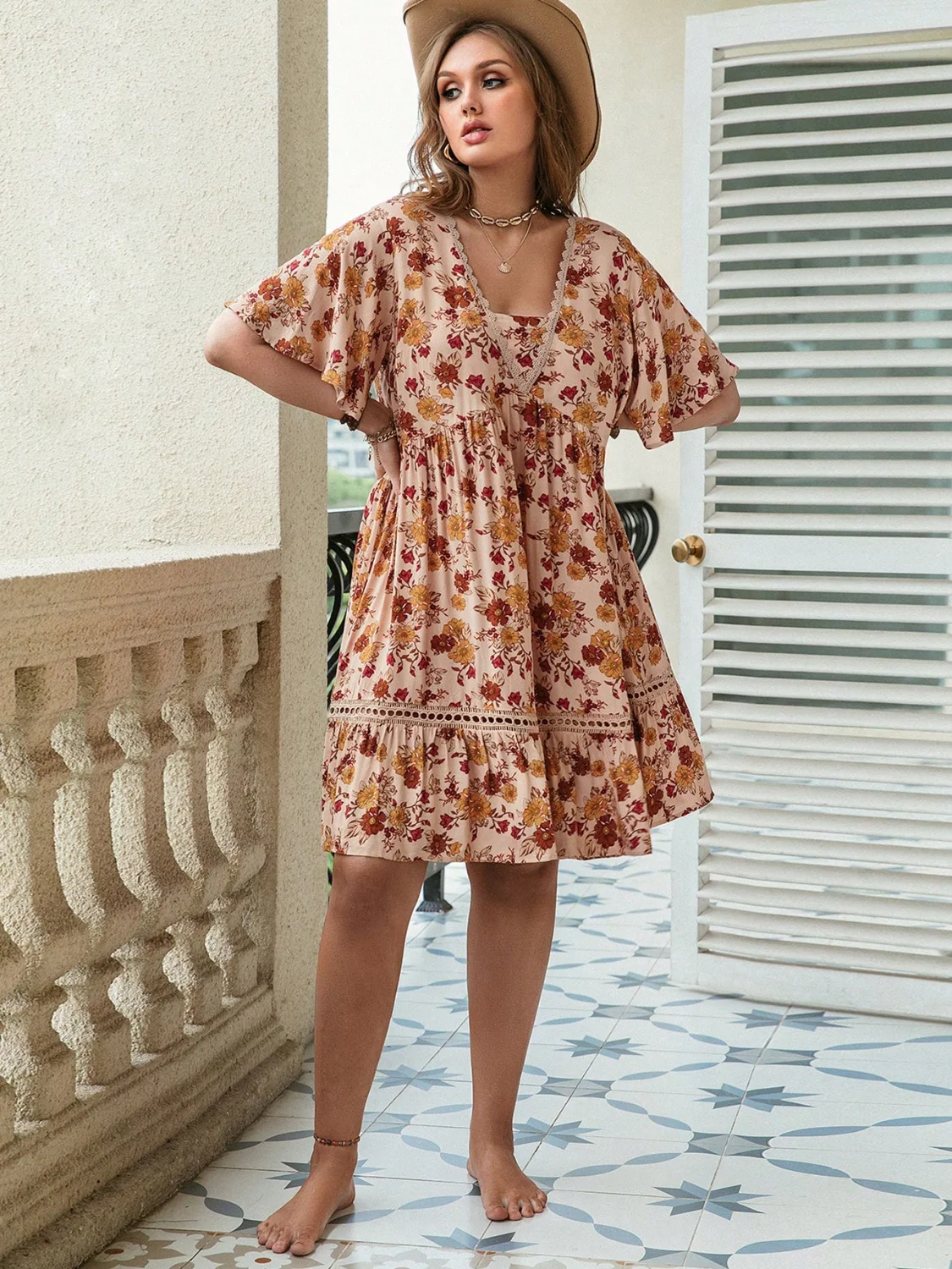 Plus Size Floral Crochet Flutter Sleeve Dress - Image 3