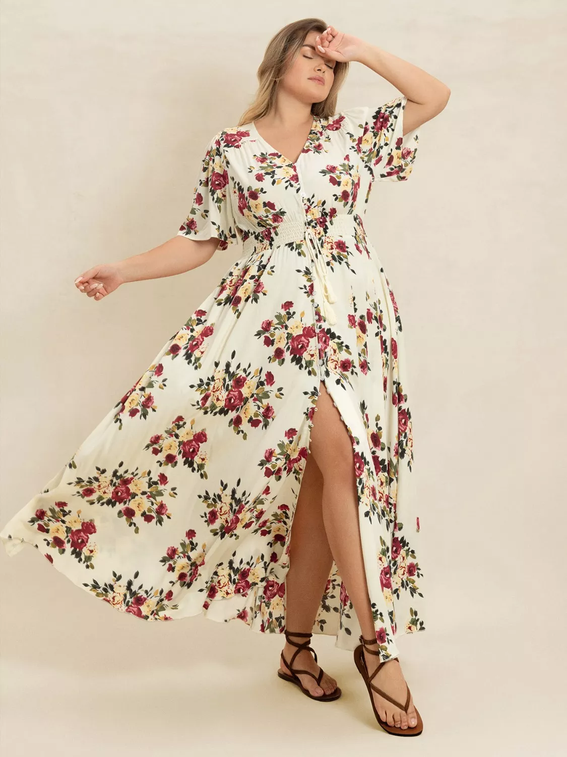 Plus Size Floral Flutter Sleeve Maxi Dress with Button Front - Image 8
