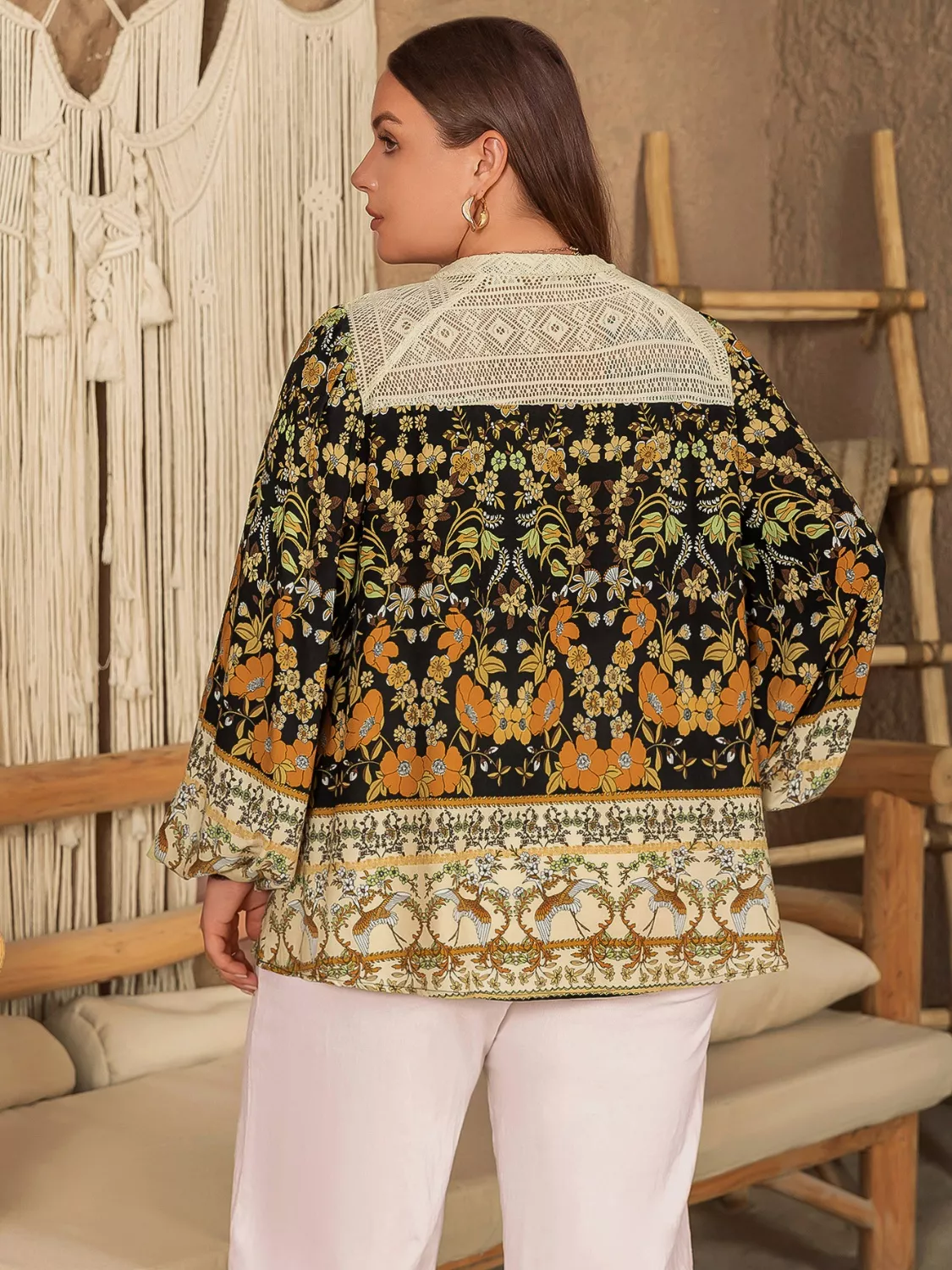 Plus Size Floral Print Notched Blouse - Image 2