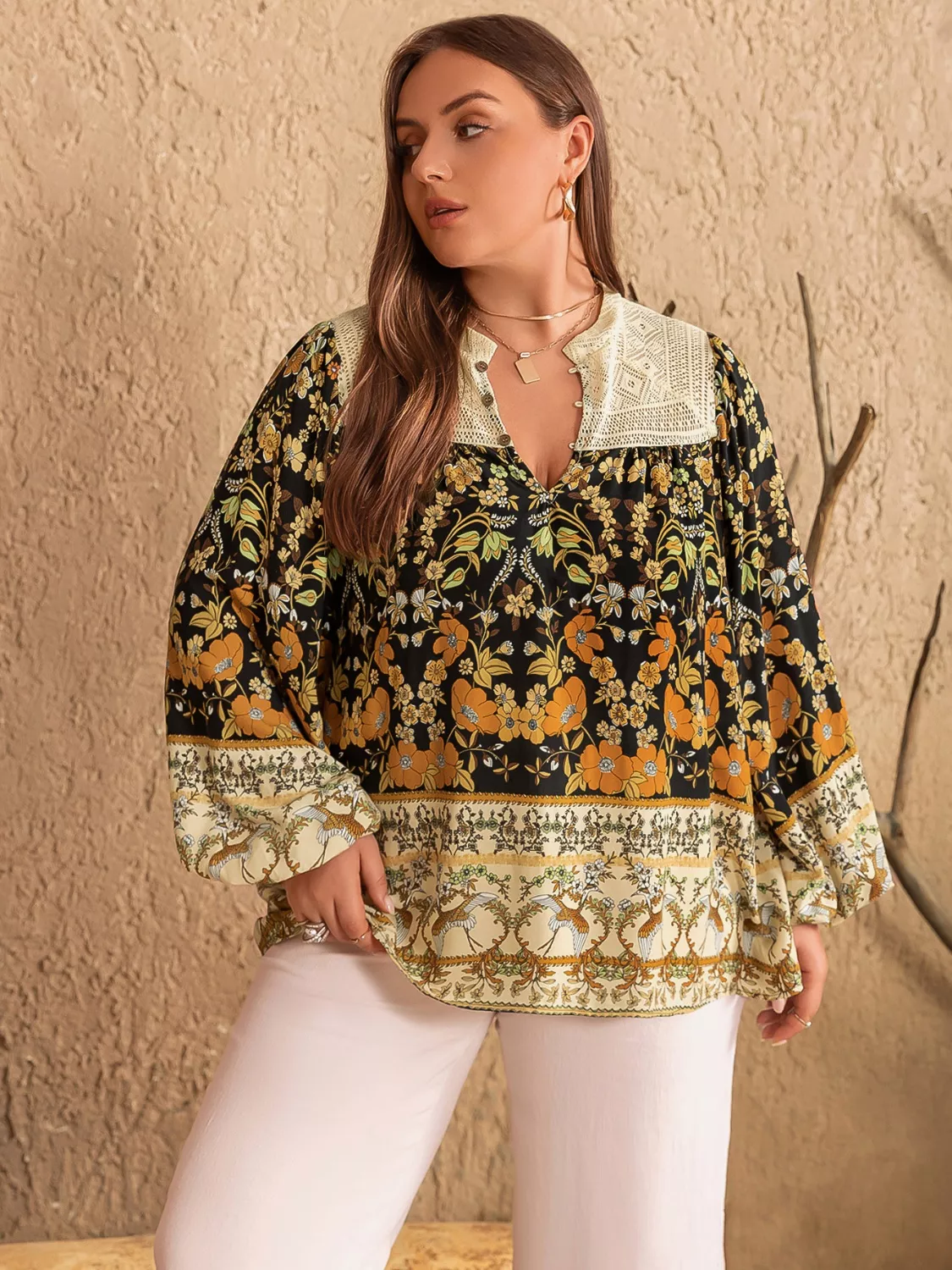 Plus Size Floral Print Notched Blouse - Image 3