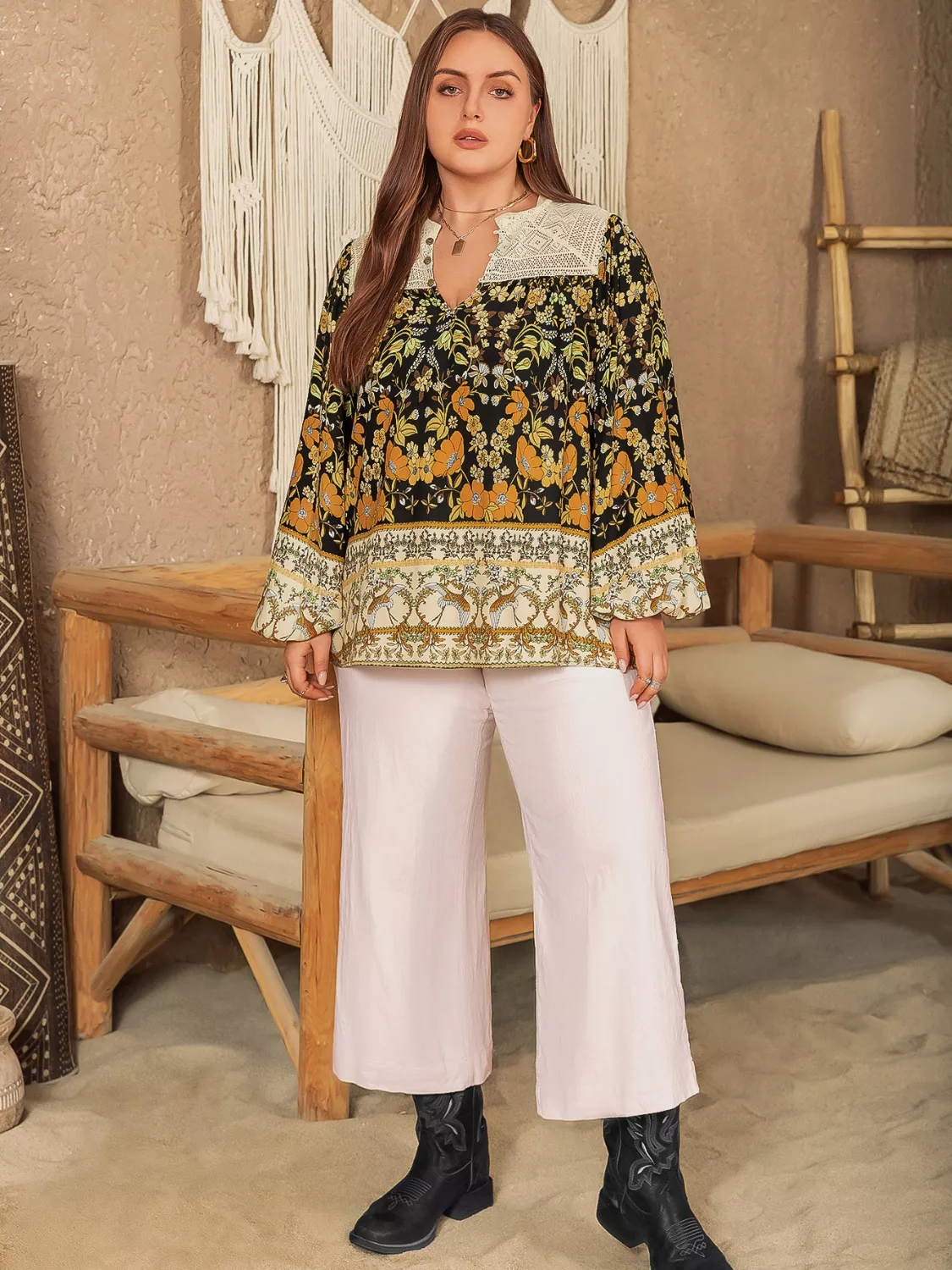 Plus Size Floral Print Notched Blouse - Image 6