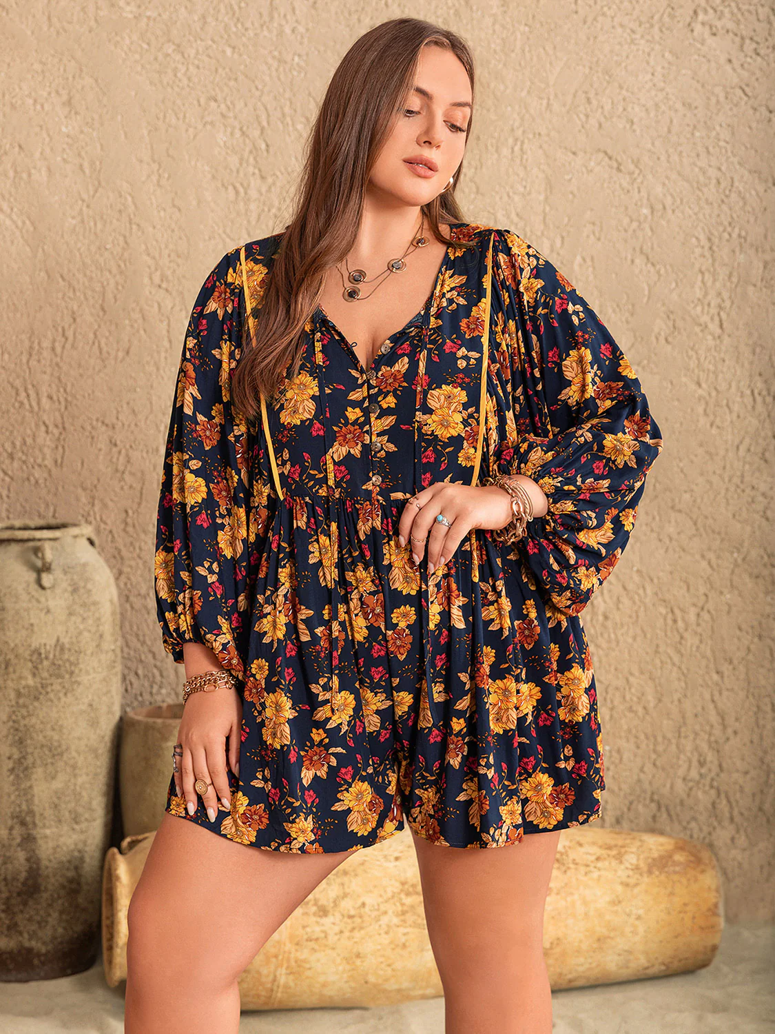 Plus Size Floral Tie Neck Balloon Sleeve Romper - Image 3