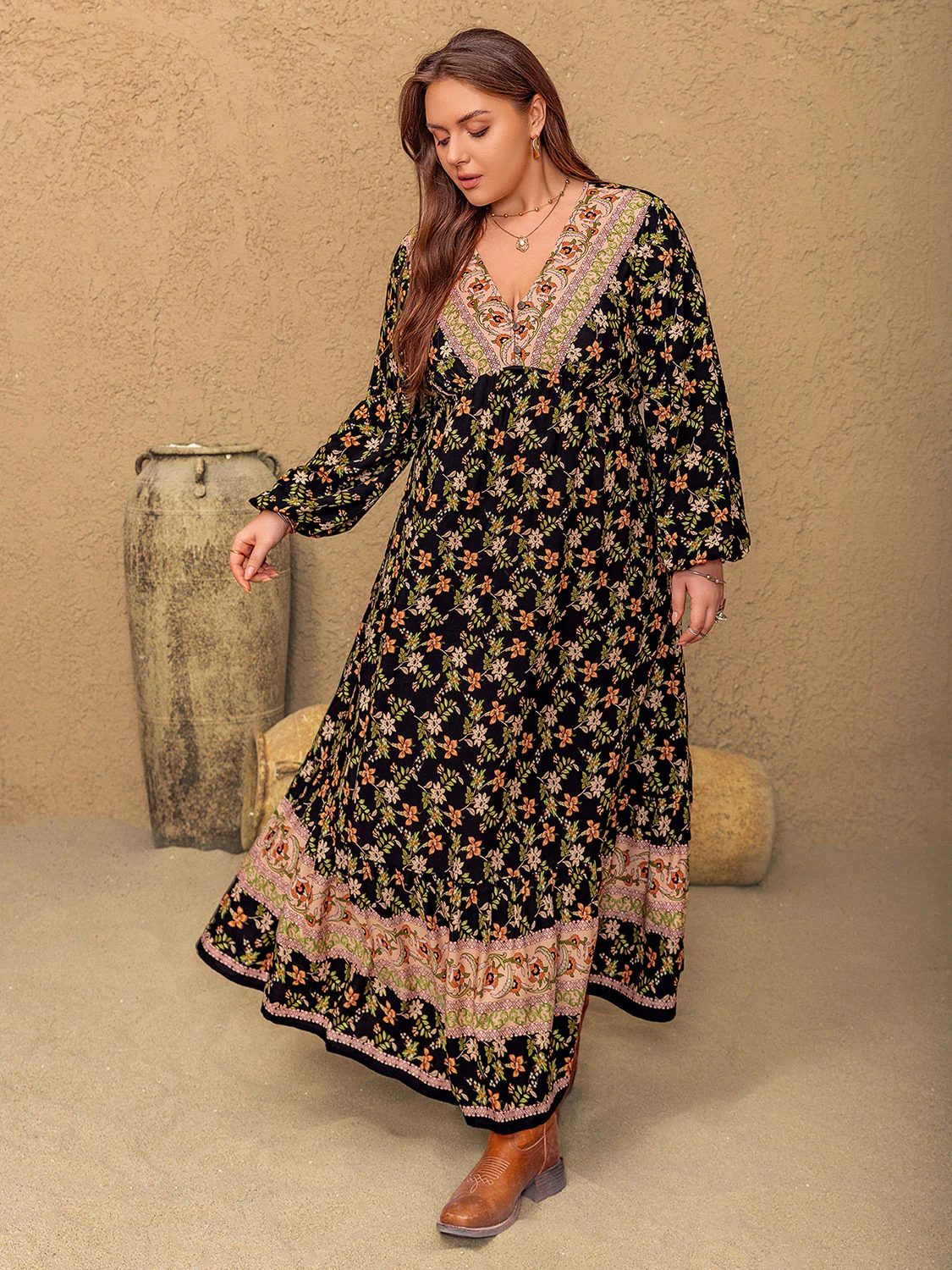 Plus Size Floral V-Neck Balloon Sleeve Dress - Image 3
