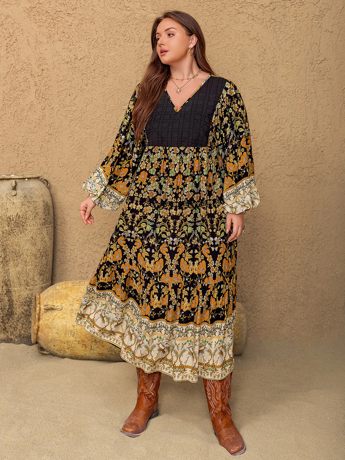 Plus Size Floral V-Neck Balloon Sleeve Midi Dress - Image 4