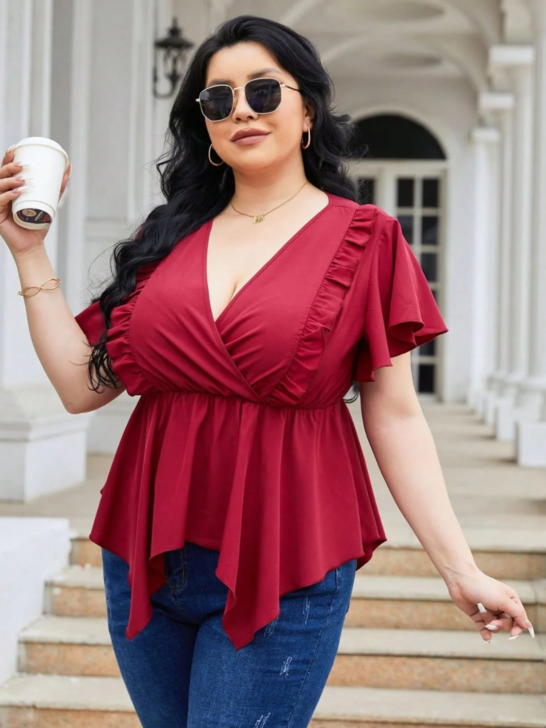 Plus Size Frill Surplice Flutter Sleeve Blouse - Image 5