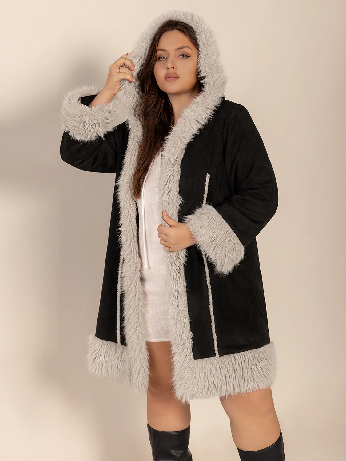 Plus Size Fuzzy Trim Open Front Long Sleeve Hooded Coat - Image 4