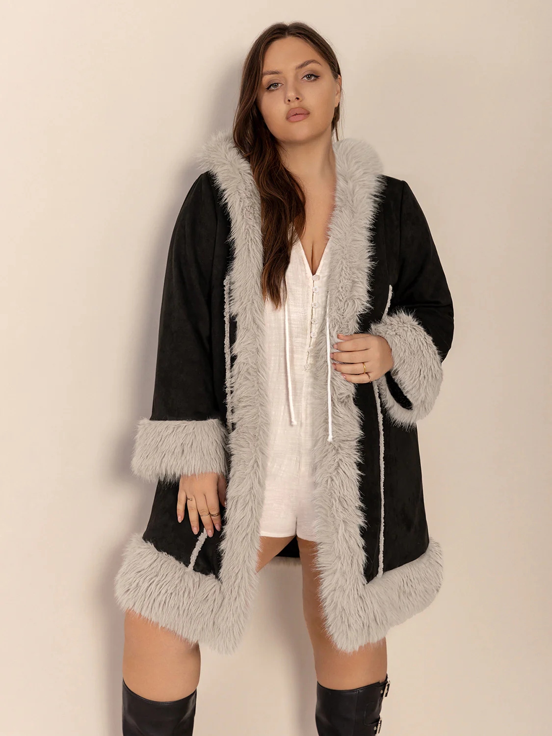Plus Size Fuzzy Trim Open Front Long Sleeve Hooded Coat - Image 5