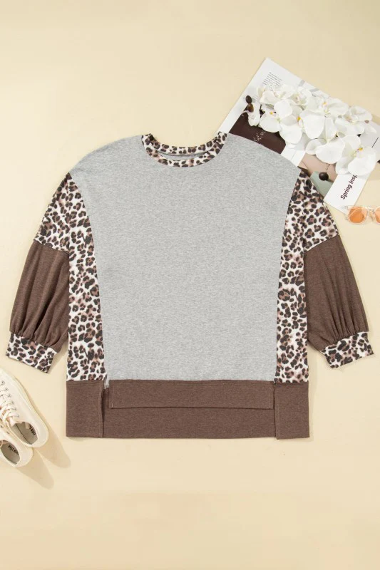 Plus Size Leopard Patchwork Dolman Sleeve Sweatshi - Image 6