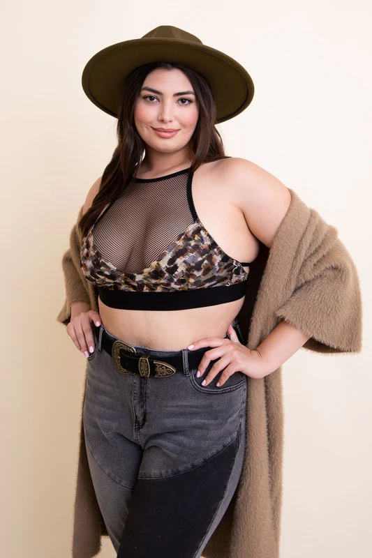 Plus Size Mesh Print High Neck Bralette - Image 3