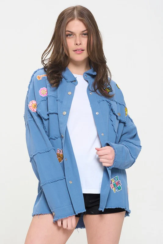 PLUS SIZE PATCHWORK FRAYED HEM BUTTON DOWN TOP - Image 11