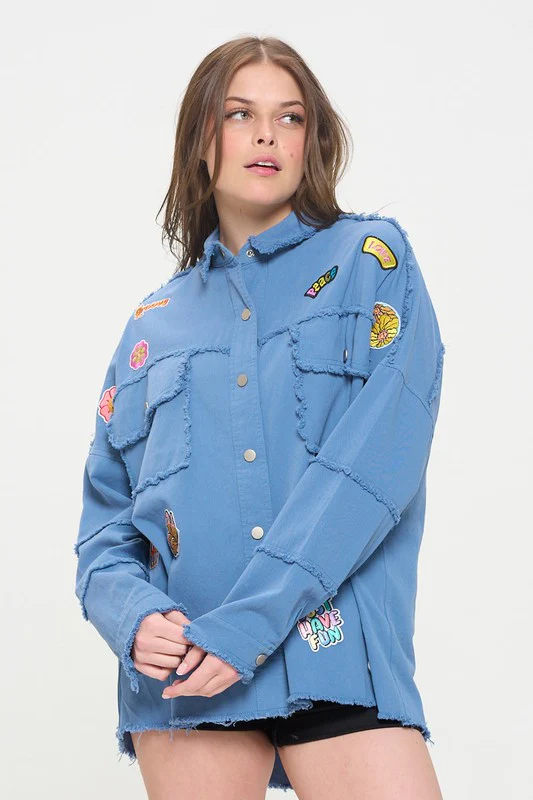 PLUS SIZE PATCHWORK FRAYED HEM BUTTON DOWN TOP - Image 12