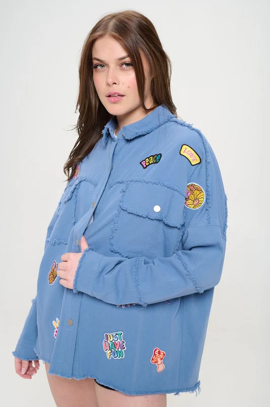PLUS SIZE PATCHWORK FRAYED HEM BUTTON DOWN TOP - Image 13