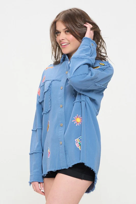 PLUS SIZE PATCHWORK FRAYED HEM BUTTON DOWN TOP - Image 15