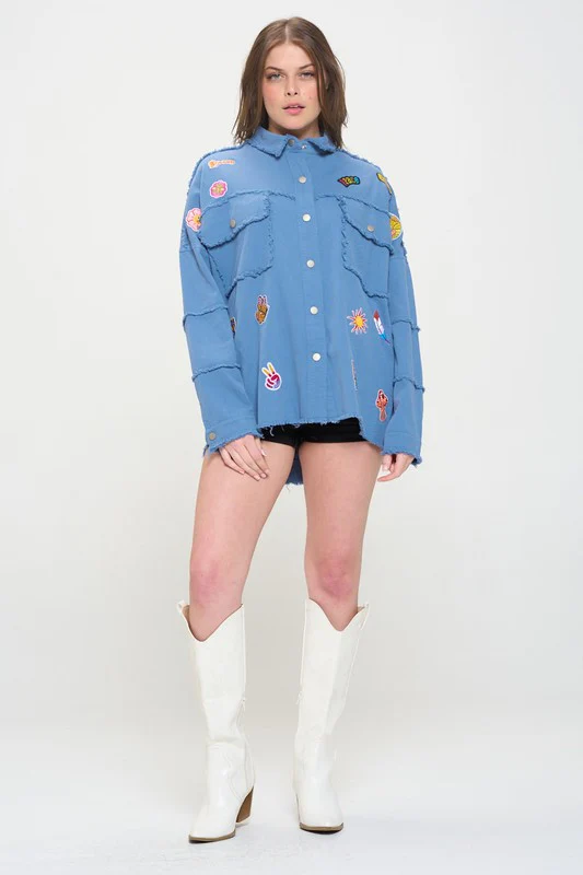 PLUS SIZE PATCHWORK FRAYED HEM BUTTON DOWN TOP - Image 18