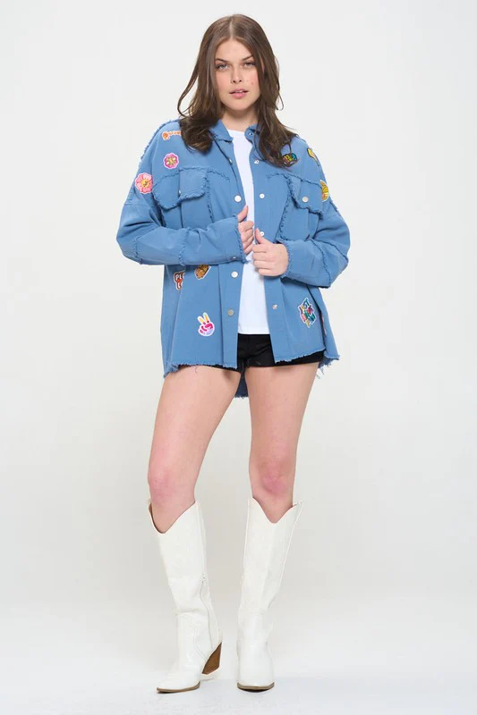 PLUS SIZE PATCHWORK FRAYED HEM BUTTON DOWN TOP - Image 19