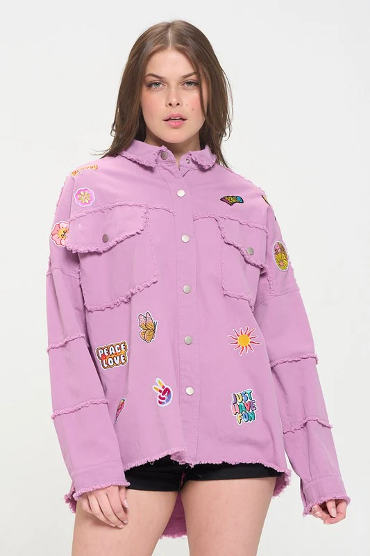 PLUS SIZE PATCHWORK FRAYED HEM BUTTON DOWN TOP - Image 3