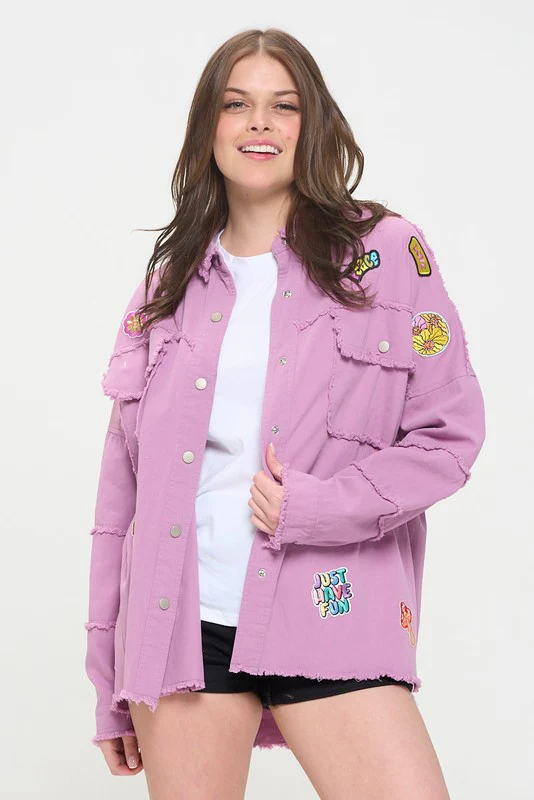 PLUS SIZE PATCHWORK FRAYED HEM BUTTON DOWN TOP - Image 4