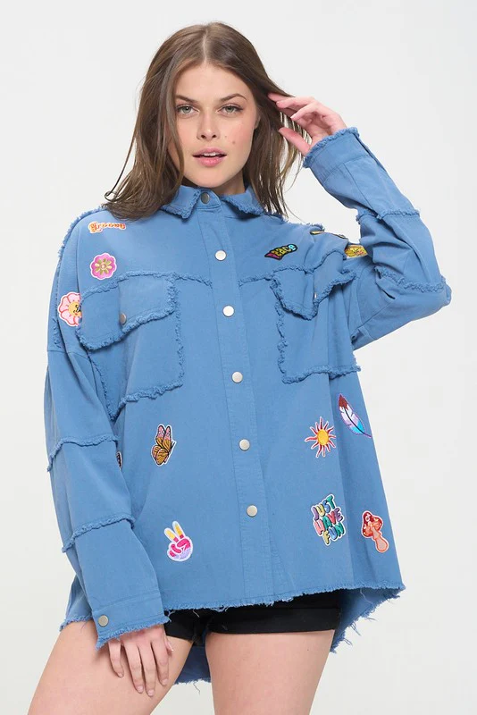 PLUS SIZE PATCHWORK FRAYED HEM BUTTON DOWN TOP - Image 9