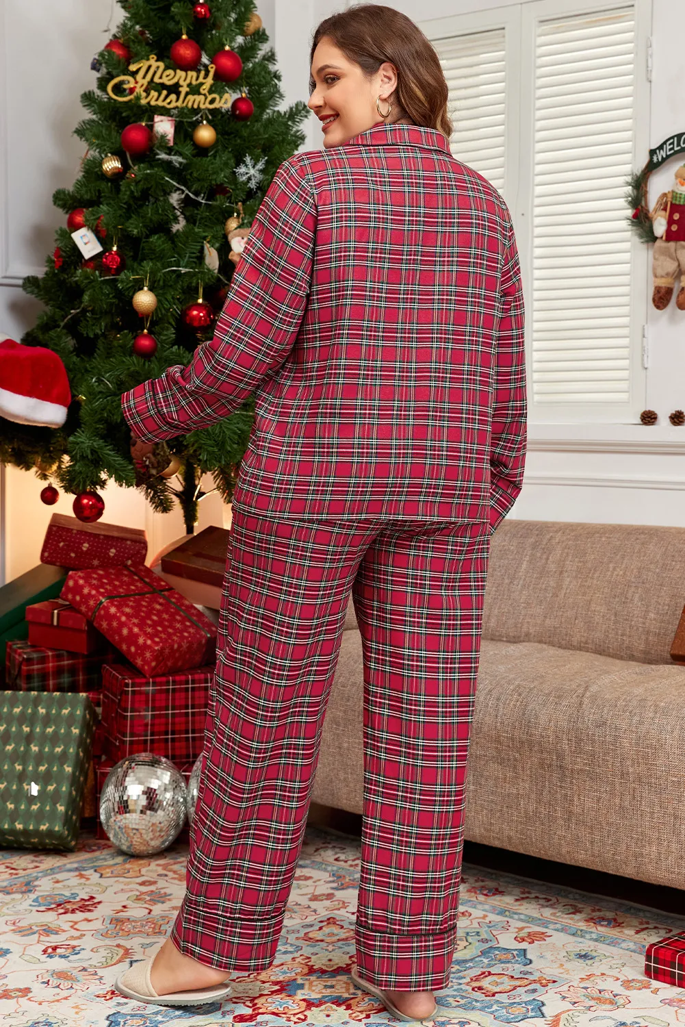 Plus Size Plaid Collared Neck Top and Pants Lounge Set - Image 2