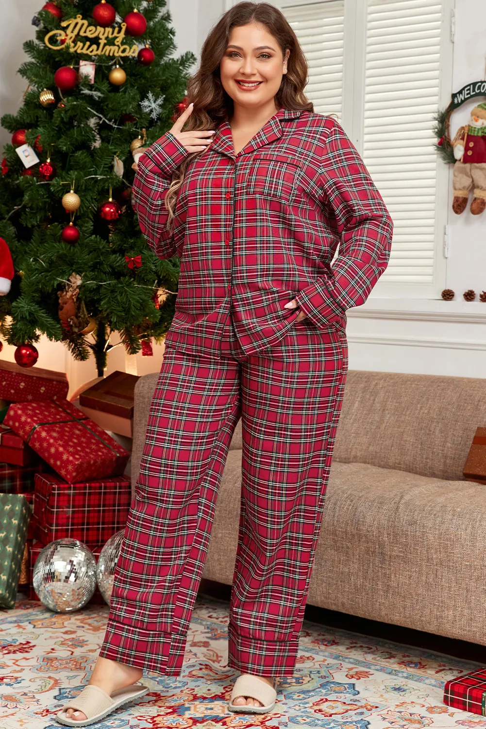 Plus Size Plaid Collared Neck Top and Pants Lounge Set - Image 4
