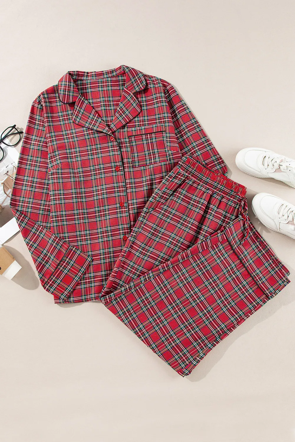 Plus Size Plaid Collared Neck Top and Pants Lounge Set - Image 6