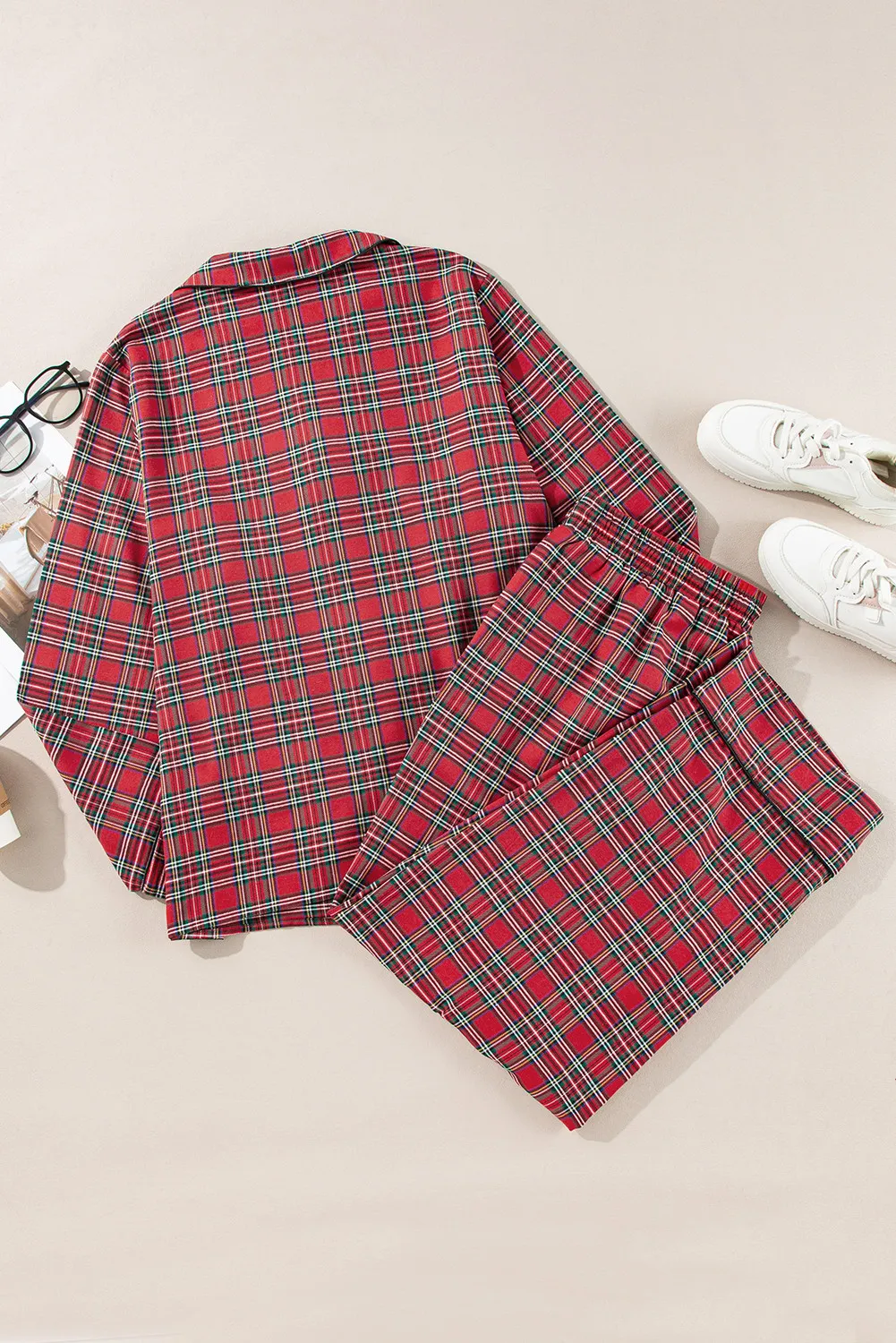 Plus Size Plaid Collared Neck Top and Pants Lounge Set - Image 7
