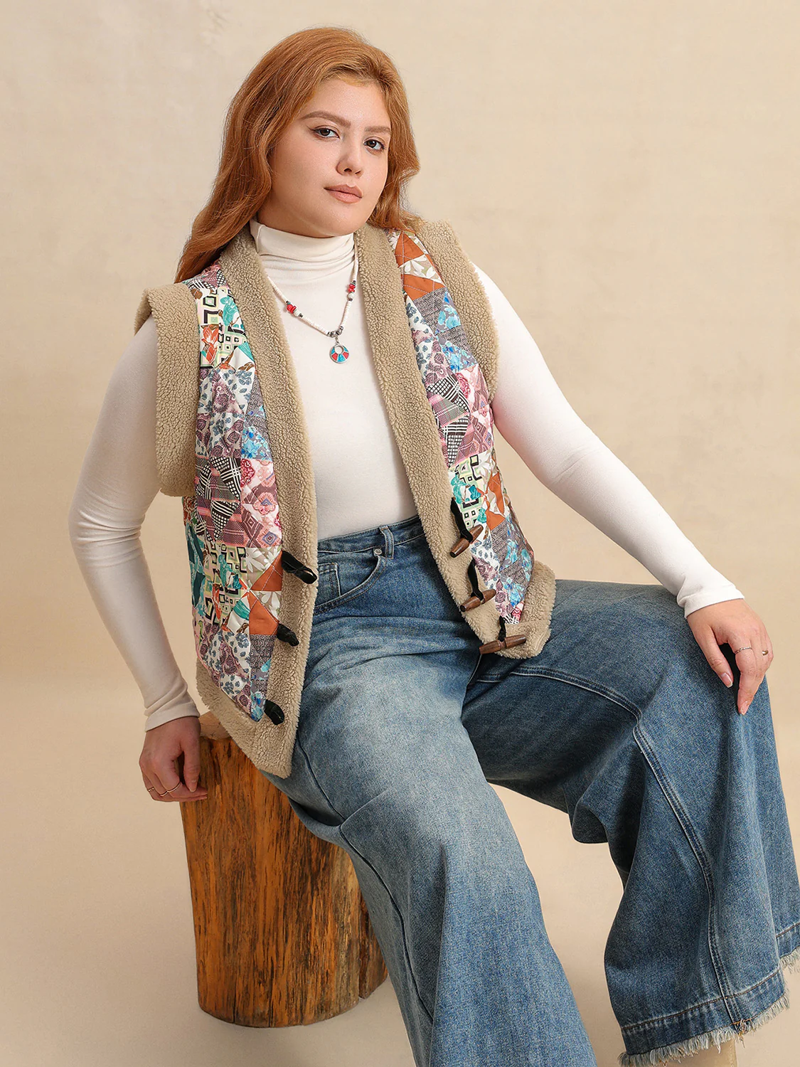 Plus Size Printed Sherpa Vest Coat - Image 5