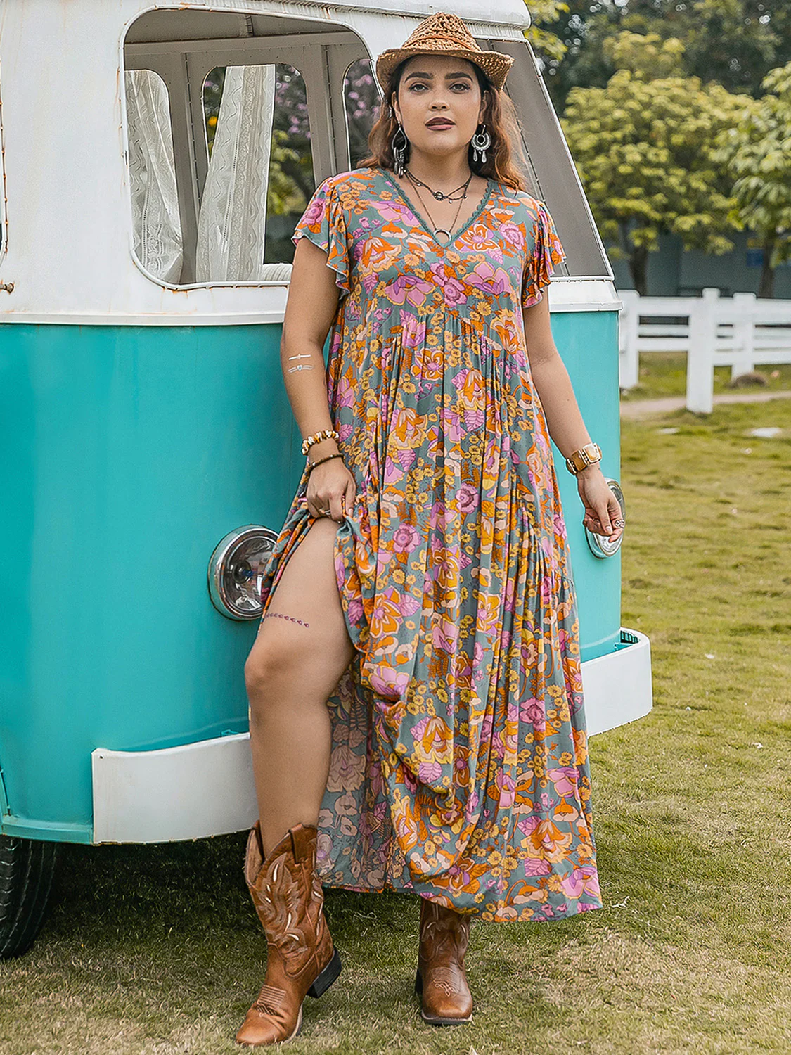 Plus Size Ruffled Printed Cap Sleeve Dress - Image 10
