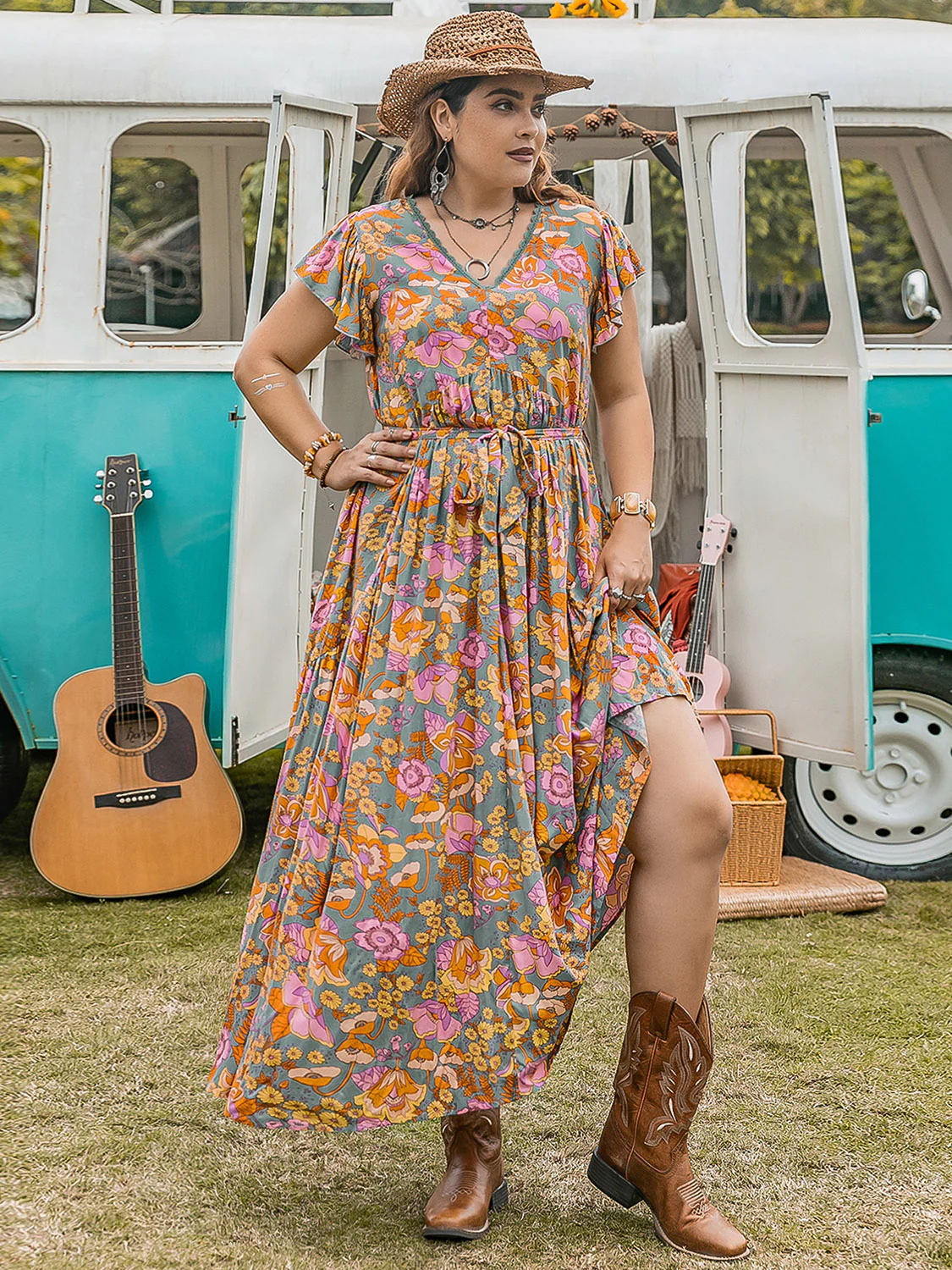 Plus Size Ruffled Printed Cap Sleeve Dress - Image 7
