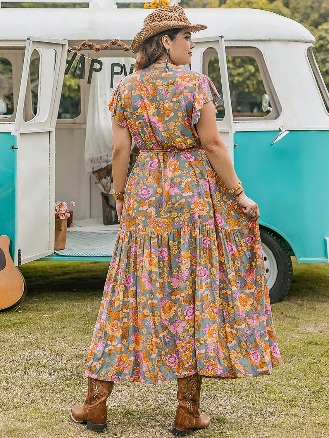 Plus Size Ruffled Printed Cap Sleeve Dress - Image 8