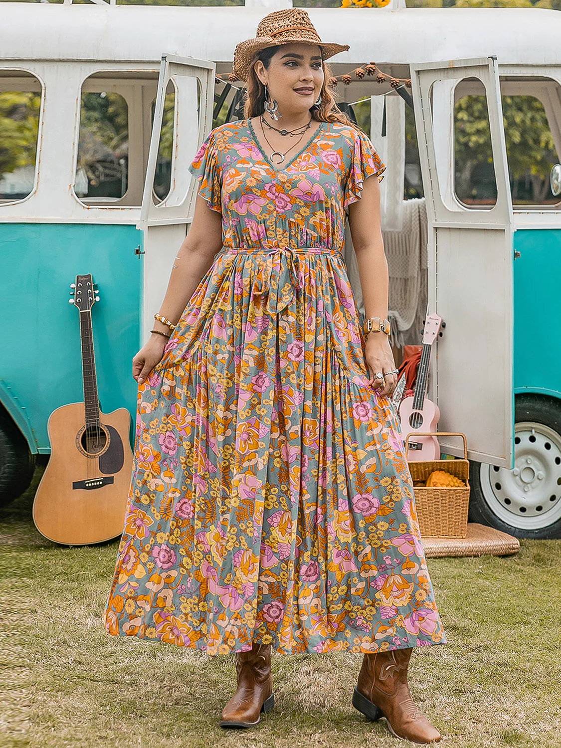 Plus Size Ruffled Printed Cap Sleeve Dress - Image 9