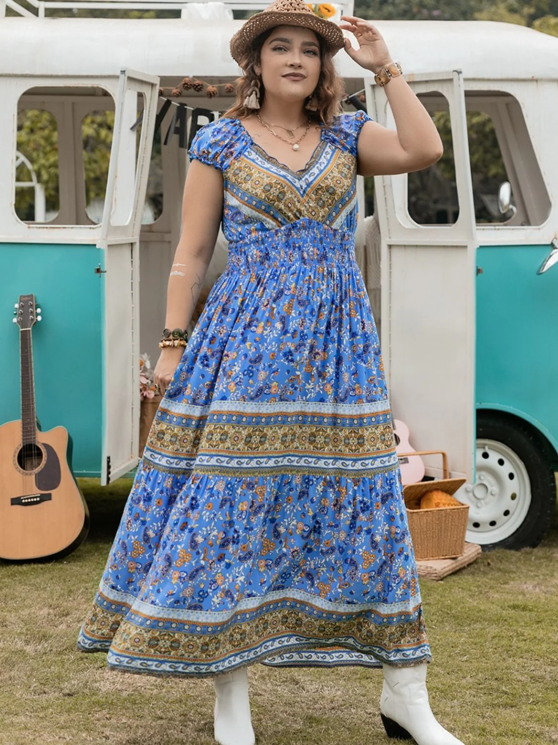 Plus Size Smocked Printed Cap Sleeve Dress - Image 3
